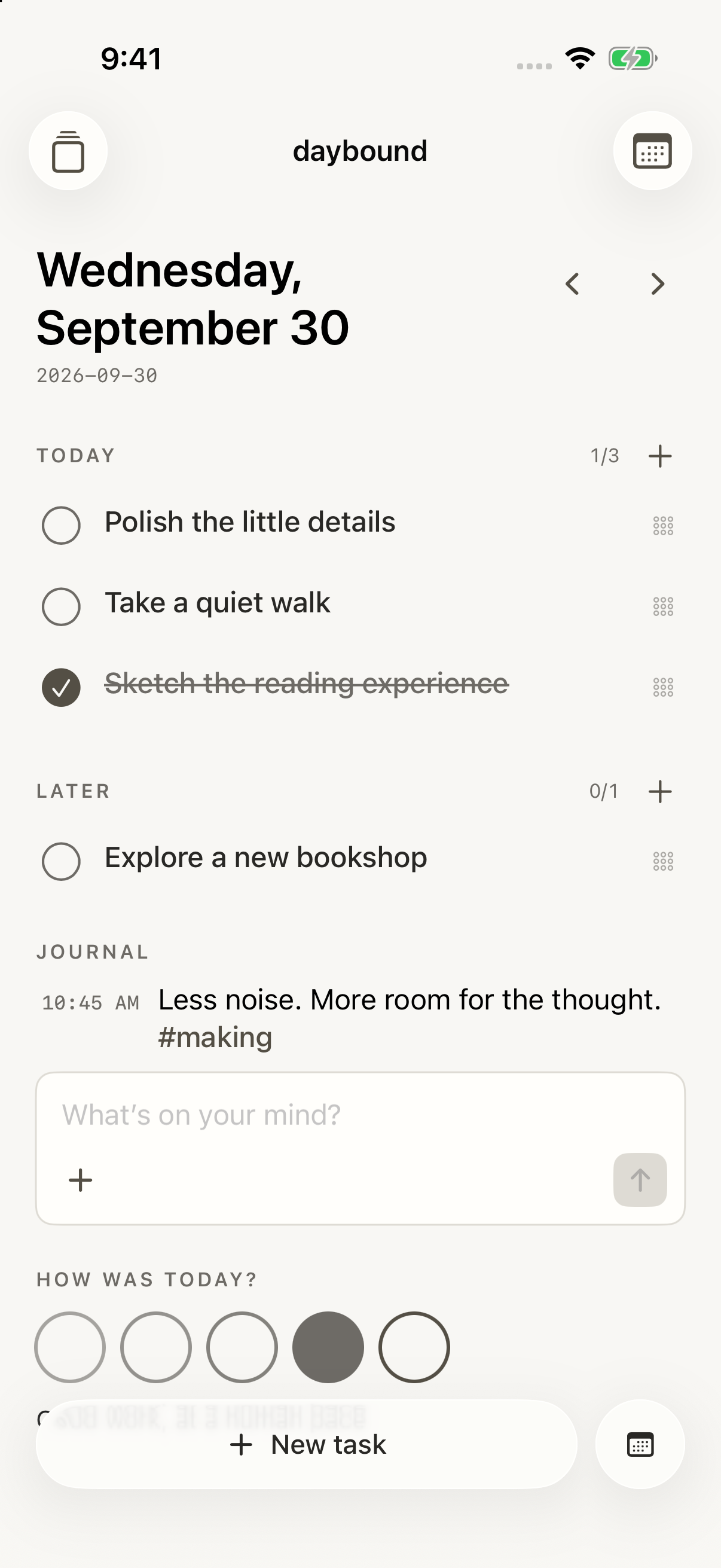 Real iPhone Simulator capture of daybound, with fictional tasks, journal, and mood