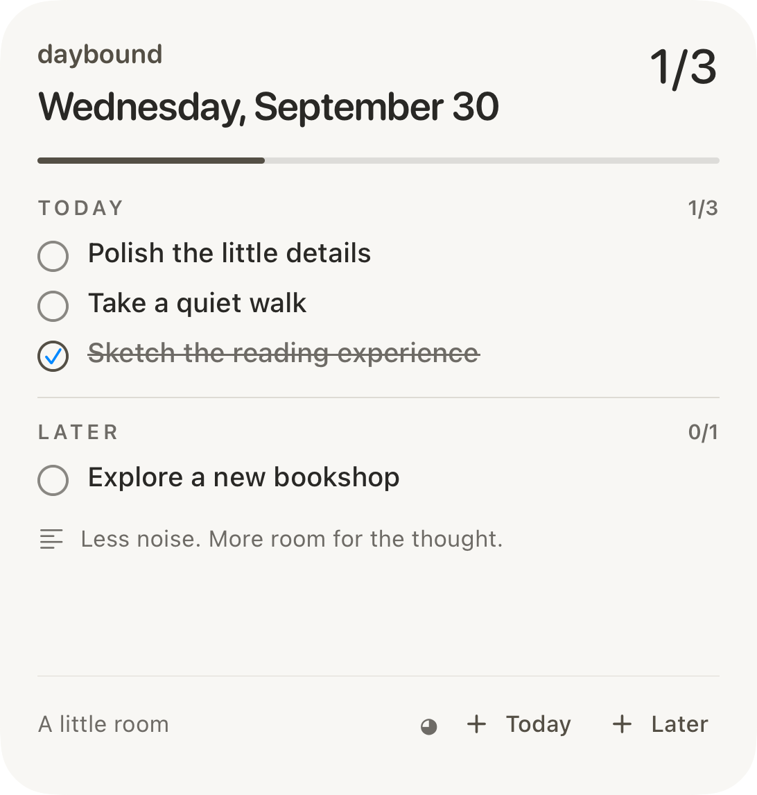 Real SwiftUI rendering of daybound's large widget layout with Today, Later, journal, and mood